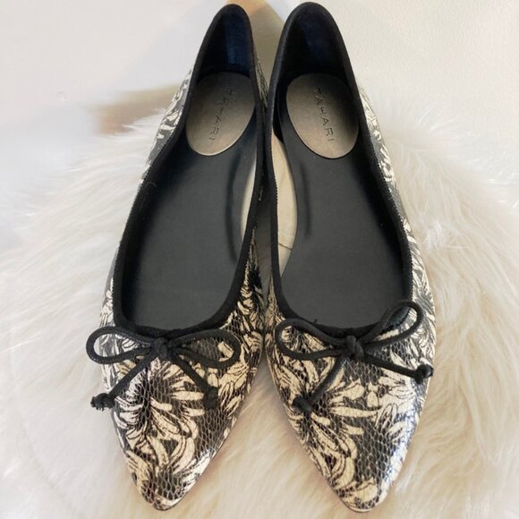 Tahari Ballet Flats Pointed Toe Blossom Style Floral Leather Black/White SZ 9.5 - Picture 1 of 8
